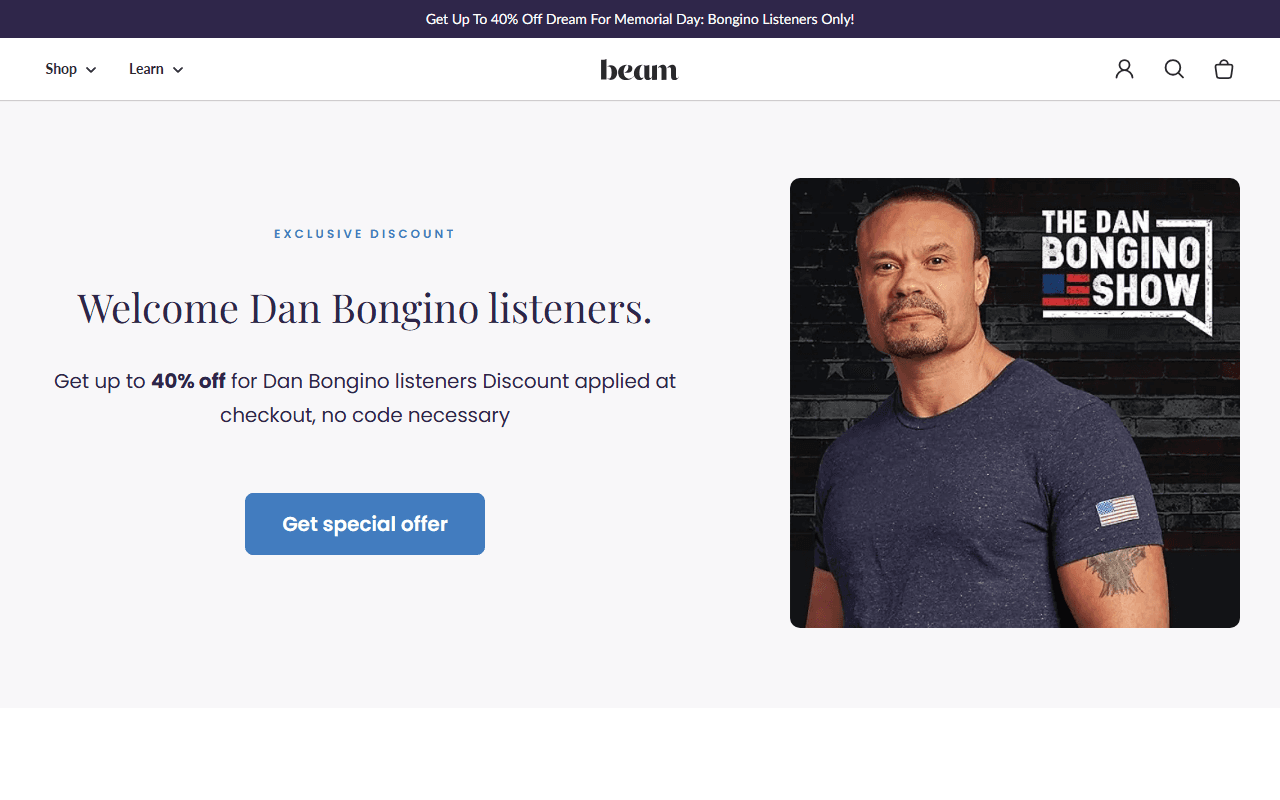 Beam sponsor landing page advertised on The Dan Bongino Show