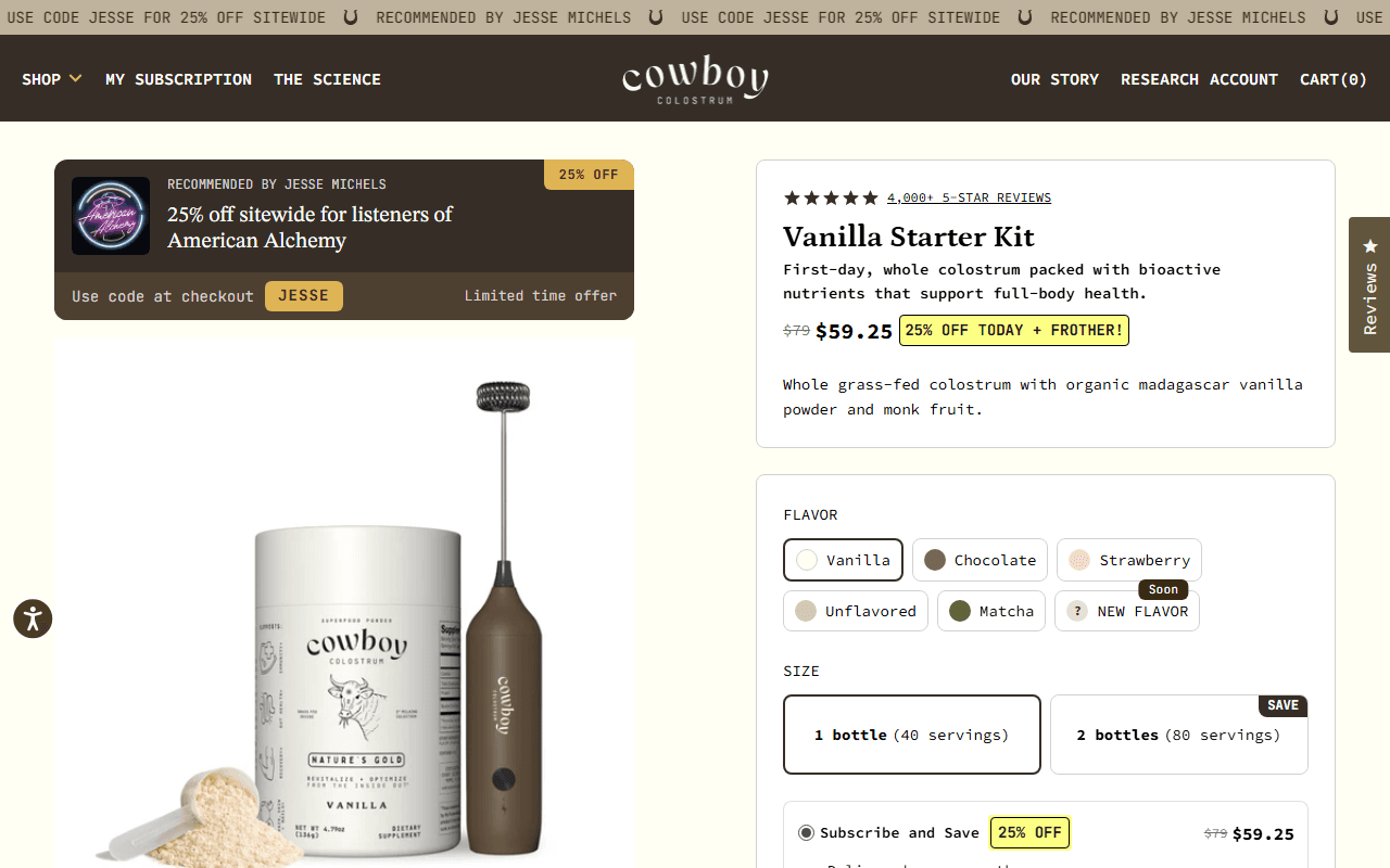 Cowboy Colostrum sponsor landing page advertised on Jesse Michels