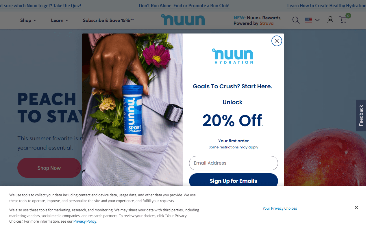 Nuun Hydration sponsor landing page advertised on 99% Invisible