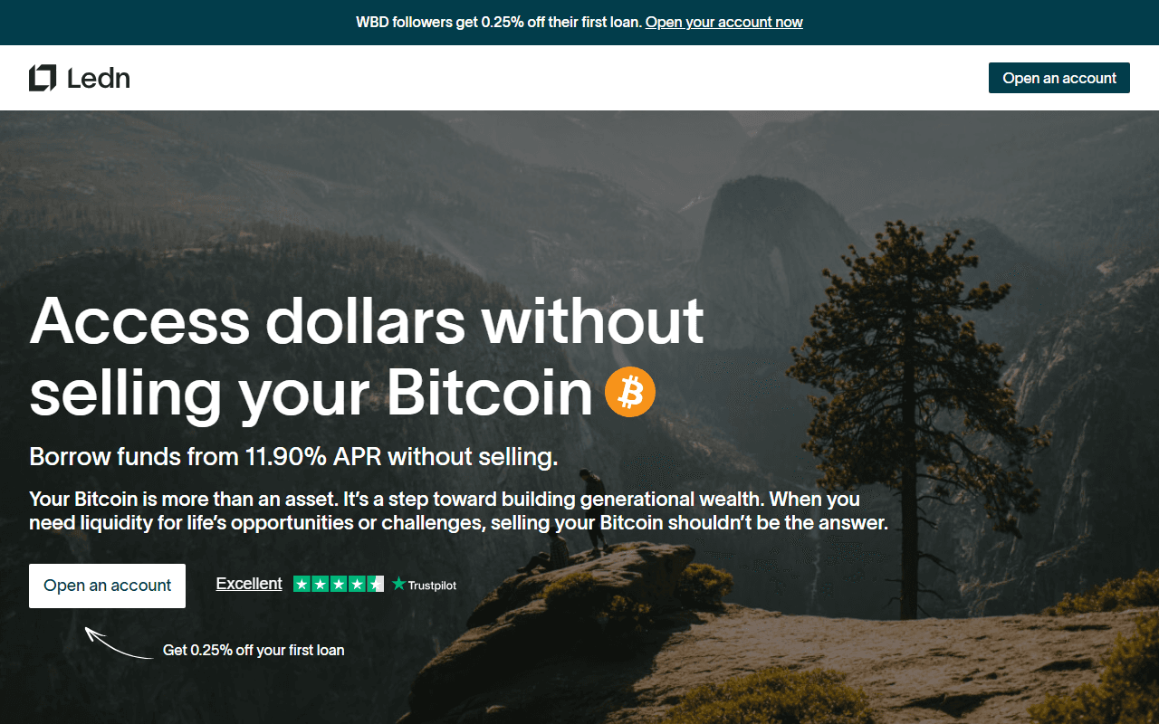 Ledn sponsor landing page advertised on What Bitcoin Did