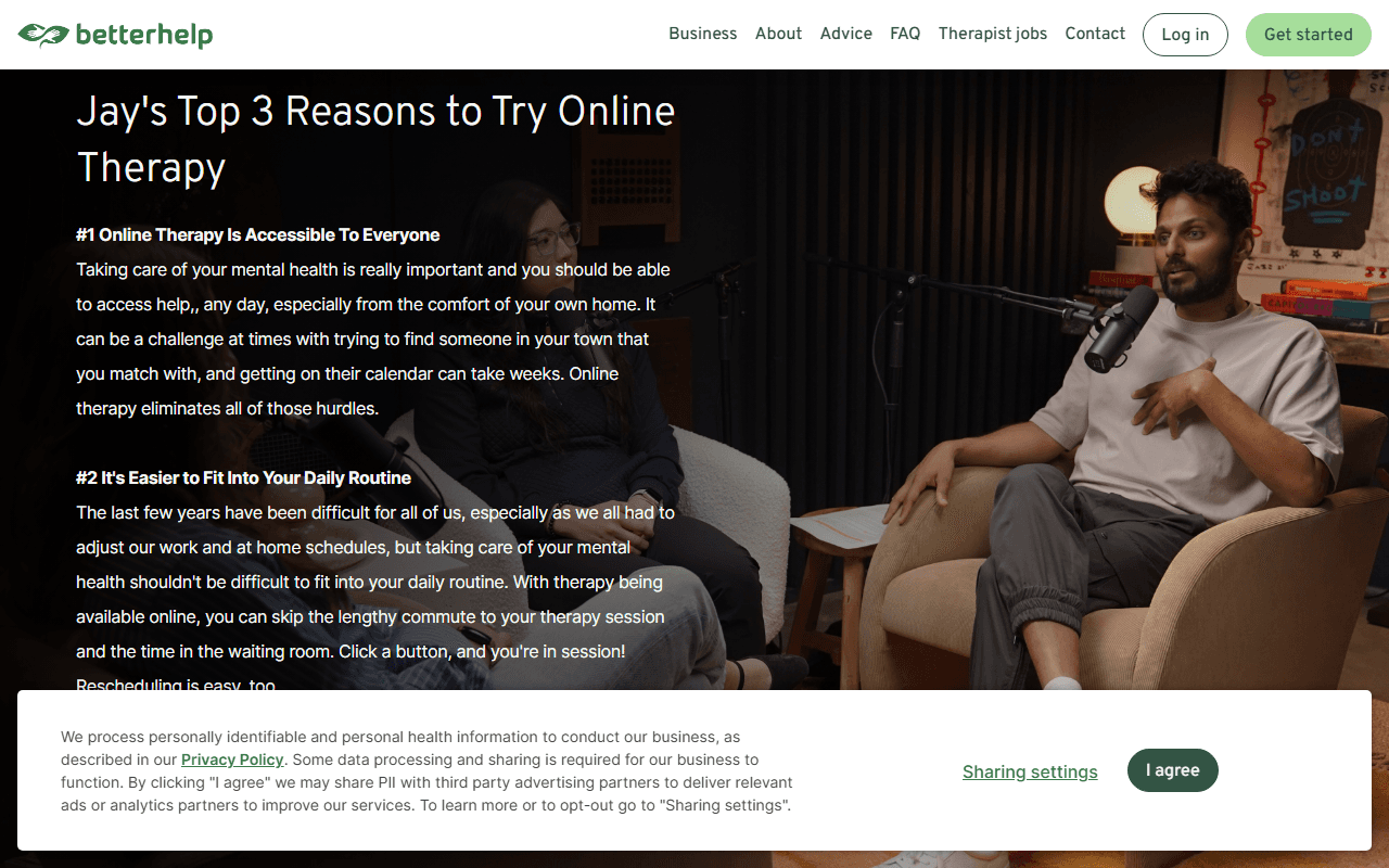 BetterHelp sponsor landing page advertised on On Purpose with Jay Shetty