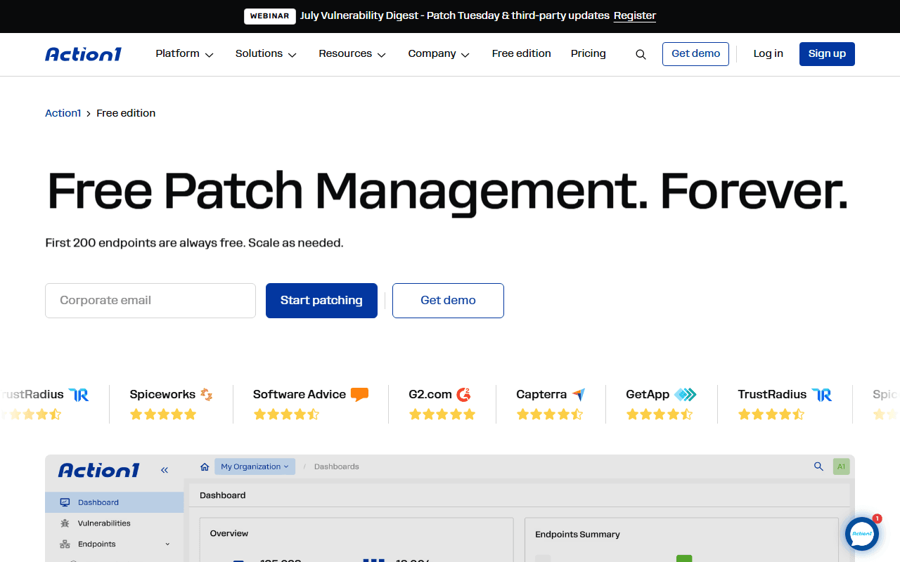 Action1 sponsor landing page advertised on TechStuff