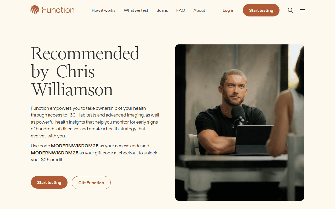 Function Health sponsor landing page advertised on Modern Wisdom