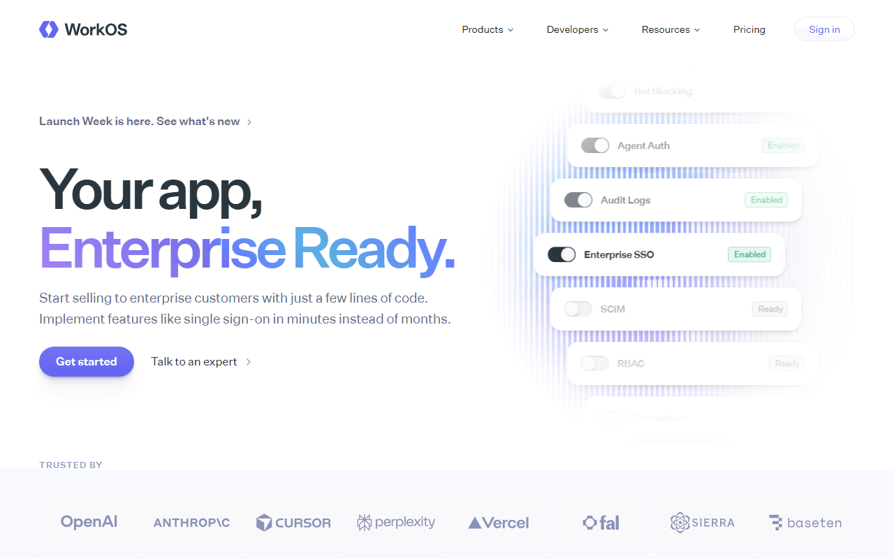 WorkOS sponsor landing page advertised on Lenny's Podcast: Product | Growth | Career