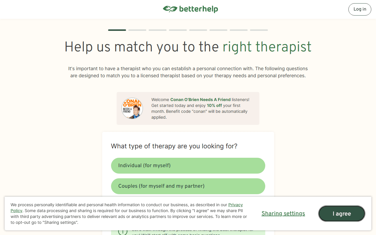 BetterHelp sponsor landing page advertised on Conan O’Brien Needs A Friend