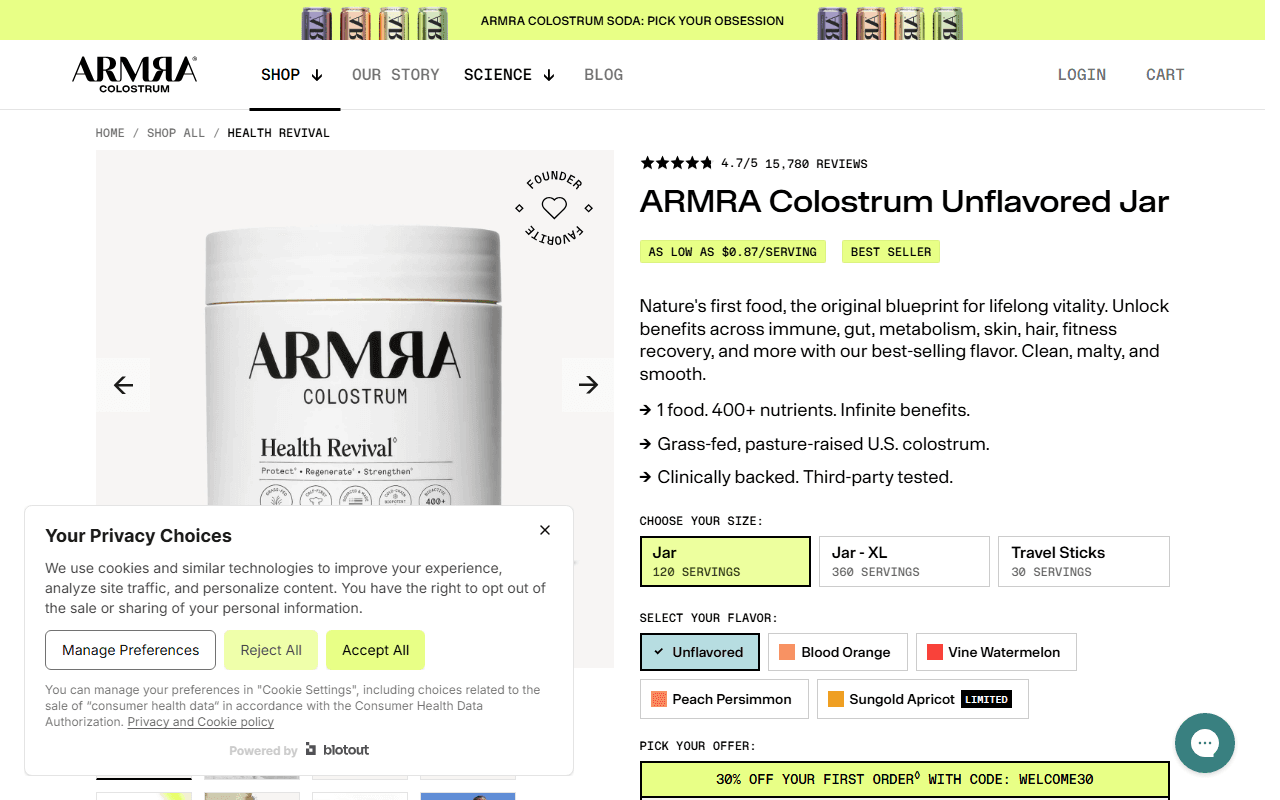 Armra sponsor landing page advertised on The Megyn Kelly Show
