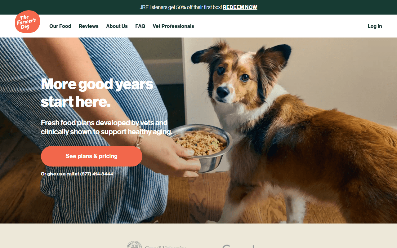 The Farmer's Dog sponsor landing page advertised on The Joe Rogan Experience
