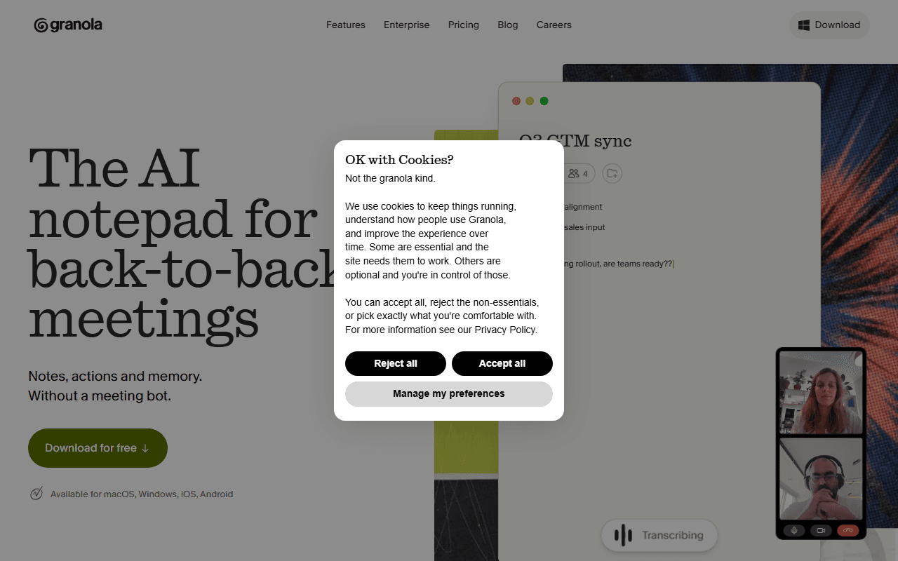 Granola sponsor landing page advertised on The Knowledge Project