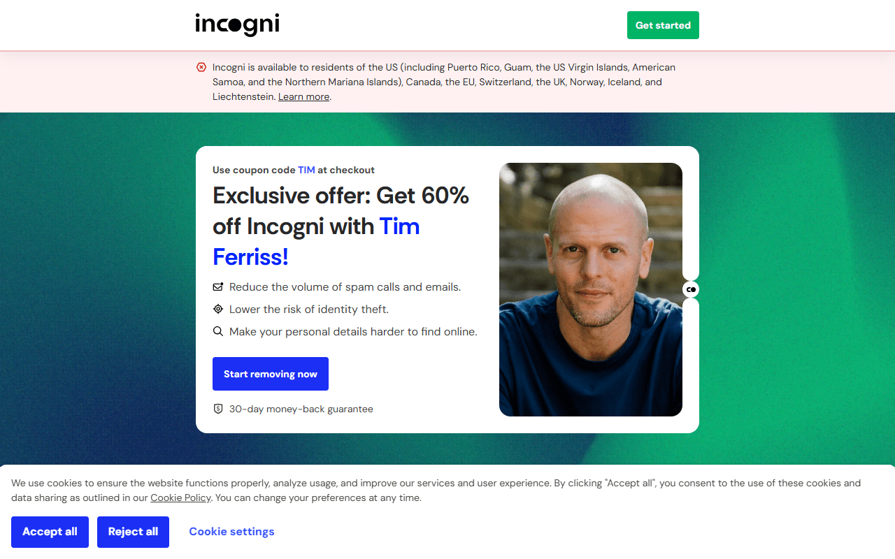 Incogni sponsor landing page advertised on The Tim Ferriss Show