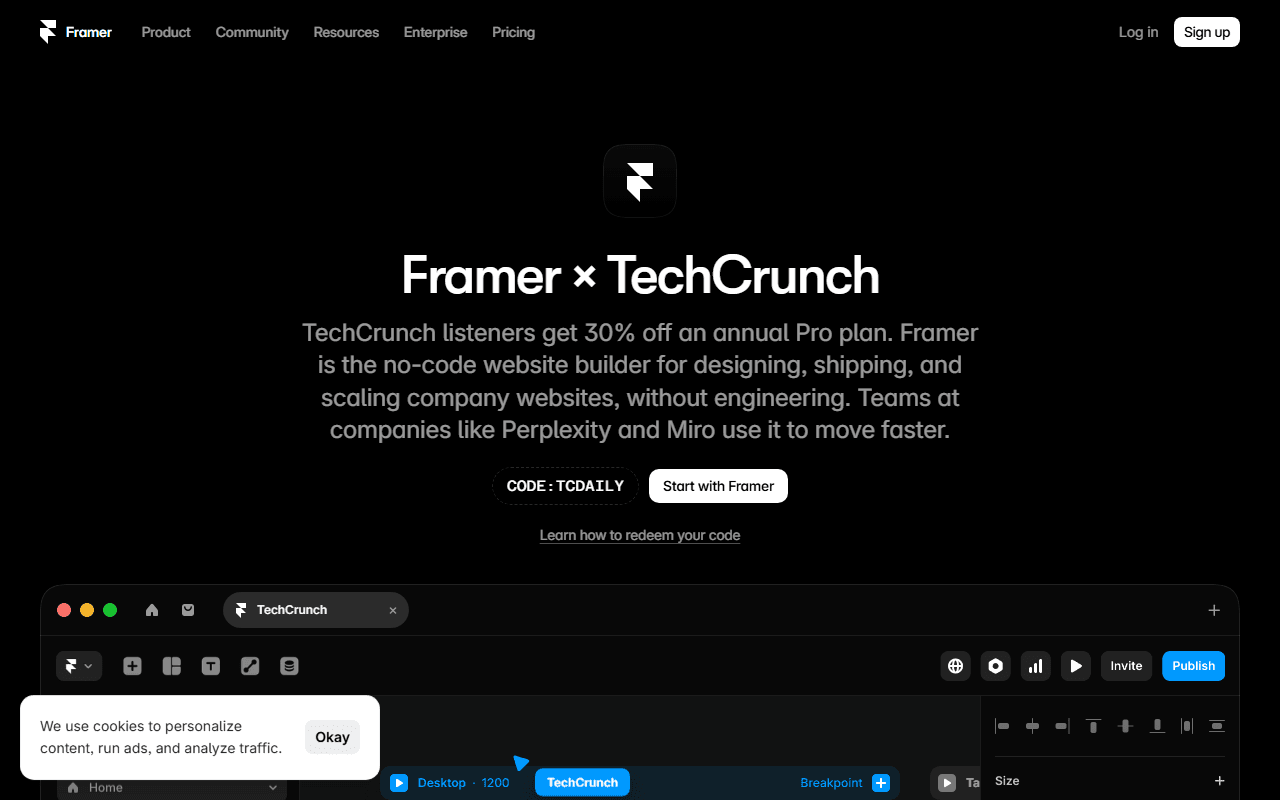 Framer sponsor landing page advertised on TechCrunch Daily Crunch