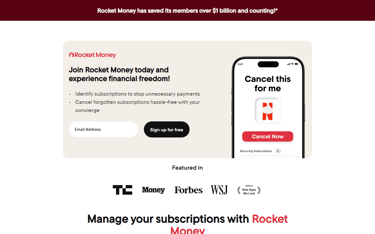 Rocket Money sponsor landing page advertised on Pod Save America