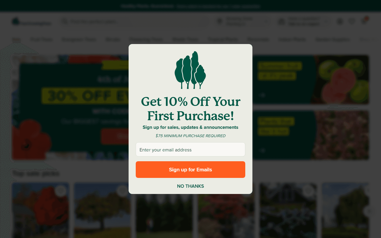 Fast Growing Trees sponsor landing page advertised on Pod Save America