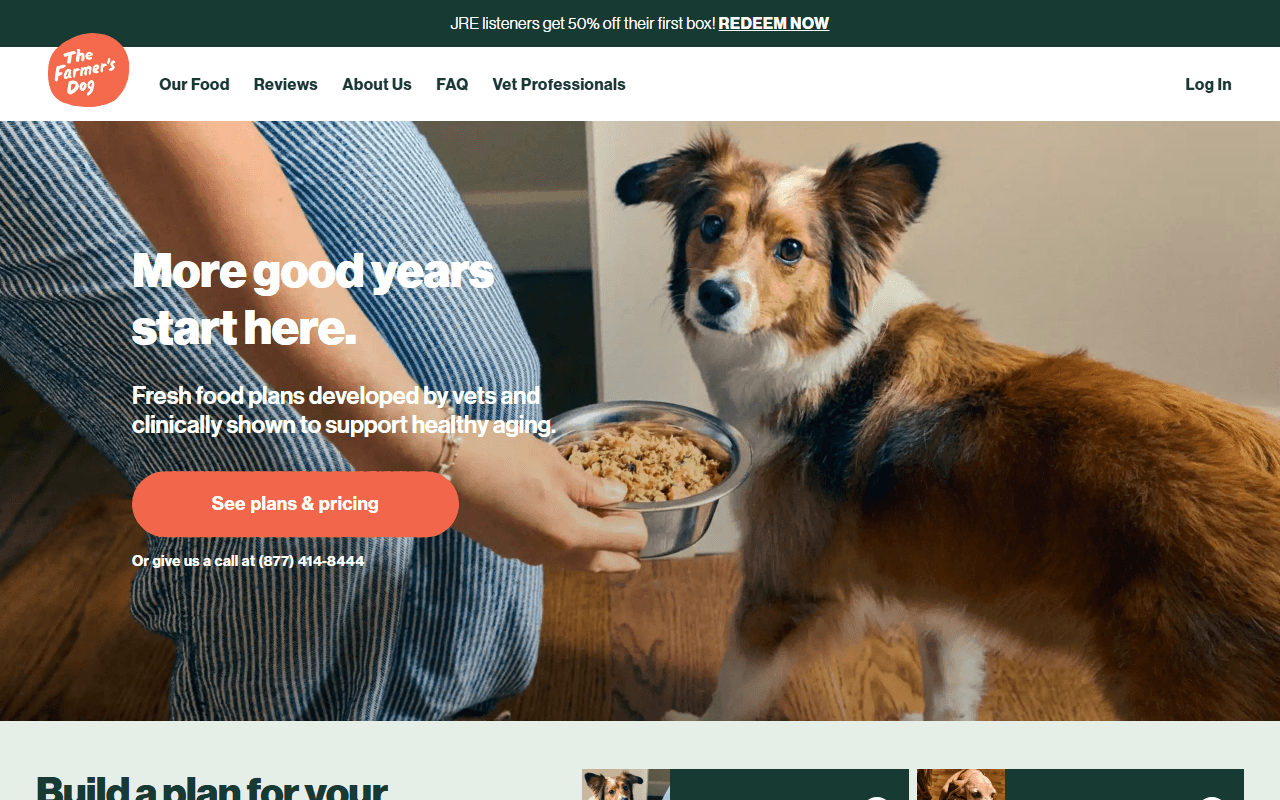 The Farmer's Dog sponsor landing page advertised on The Joe Rogan Experience