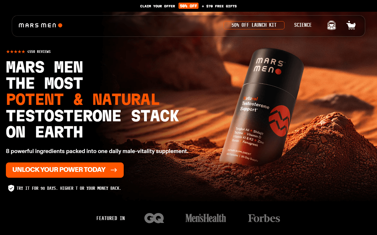 Mars Men sponsor landing page advertised on The Tucker Carlson Podcast