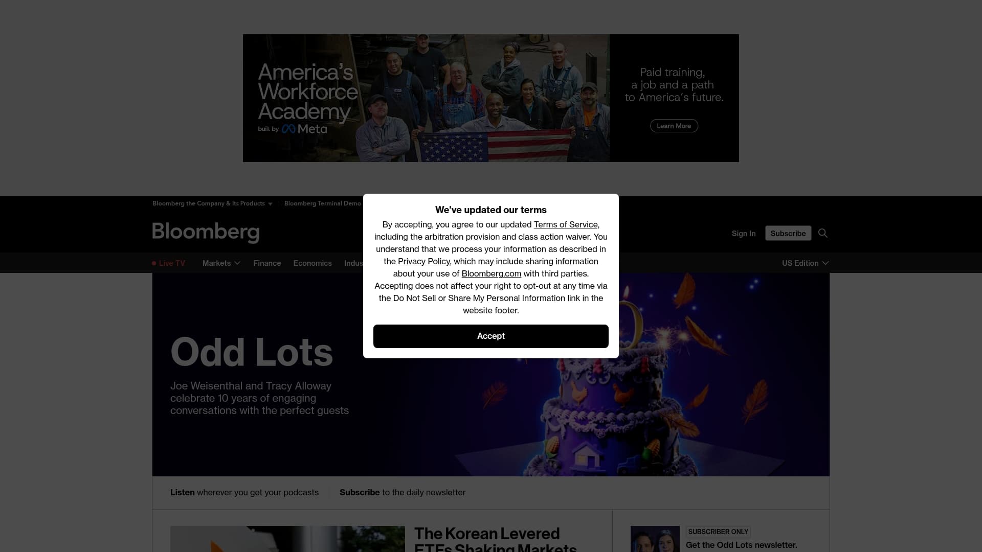 Bloomberg sponsor landing page advertised on Odd Lots
