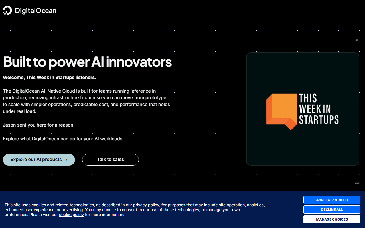 DigitalOcean sponsor landing page advertised on This Week in Startups