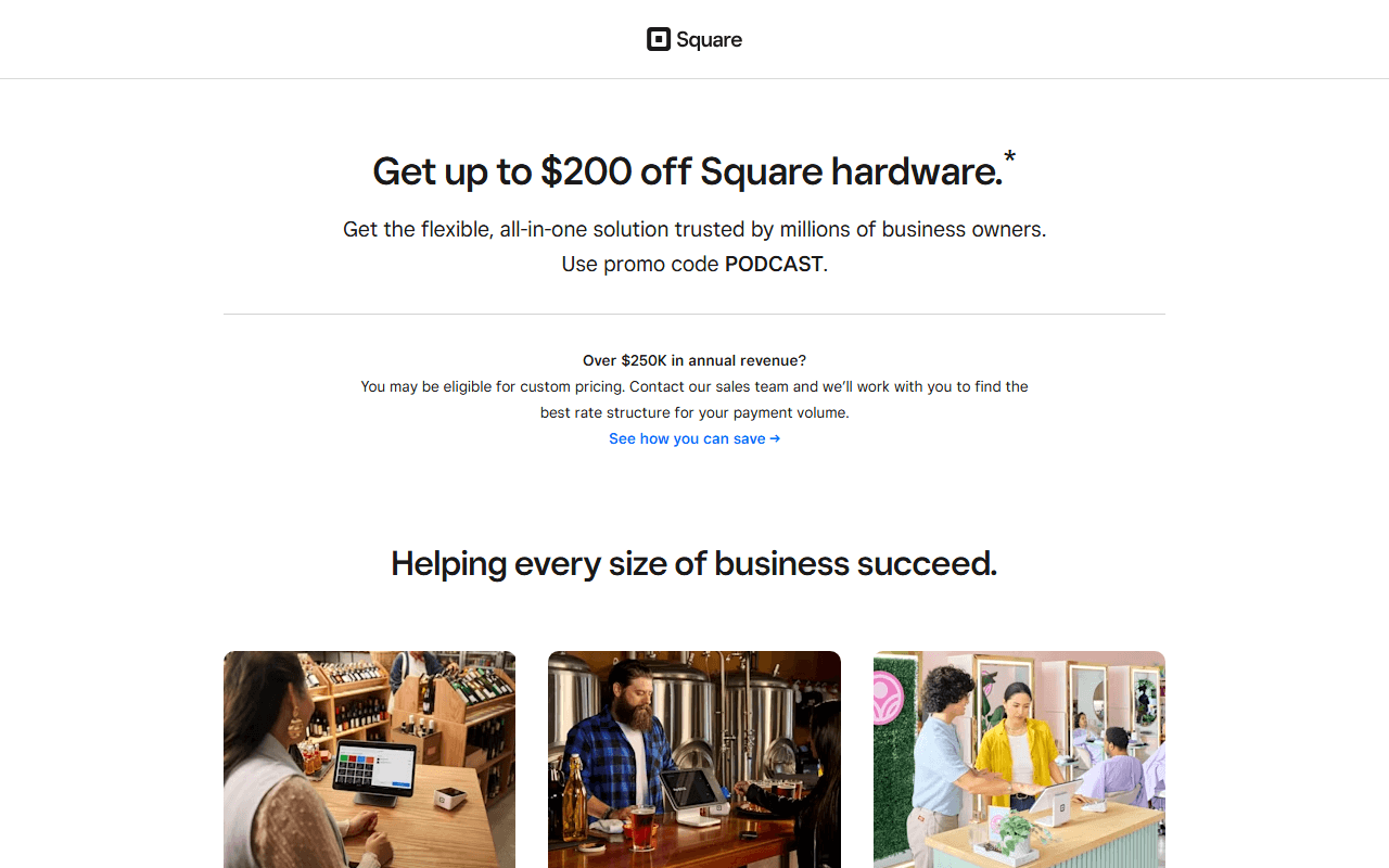 Square sponsor landing page advertised on Rich On Tech