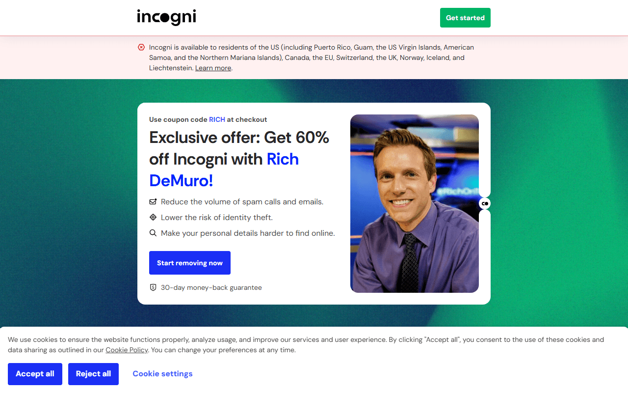 Incogni sponsor landing page advertised on Rich On Tech