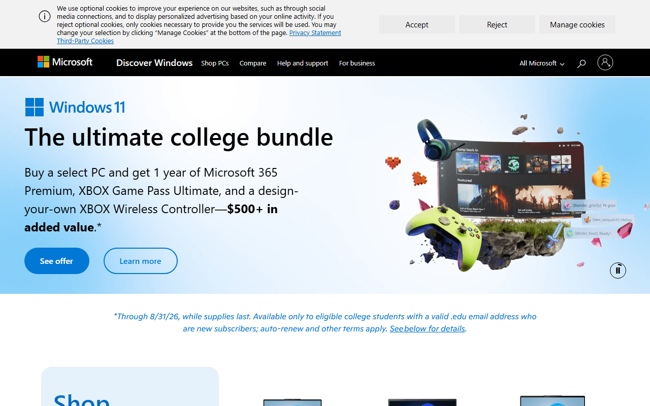 Windows sponsor landing page advertised on CreepCast