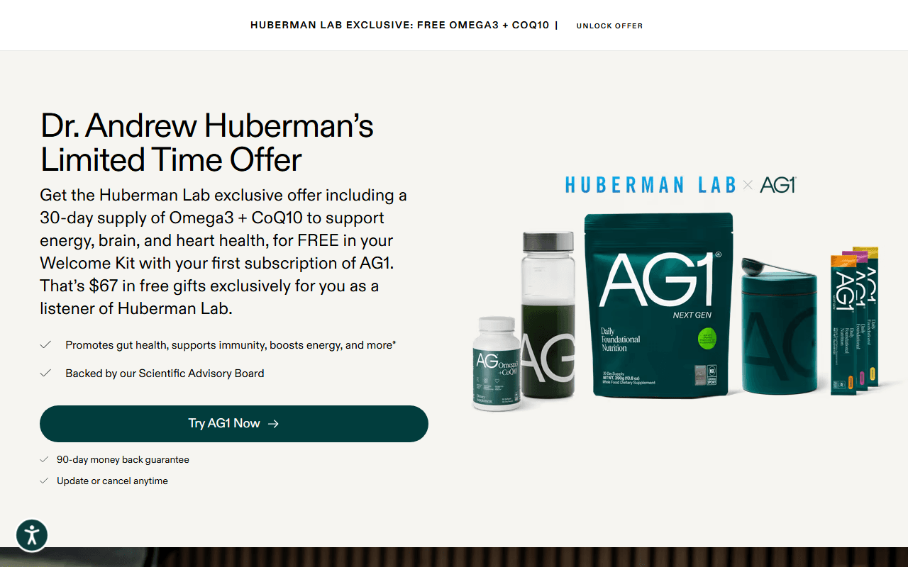 AG1 sponsor landing page advertised on Huberman Lab