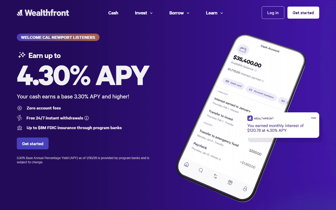Wealthfront sponsor landing page advertised on Deep Questions with Cal Newport