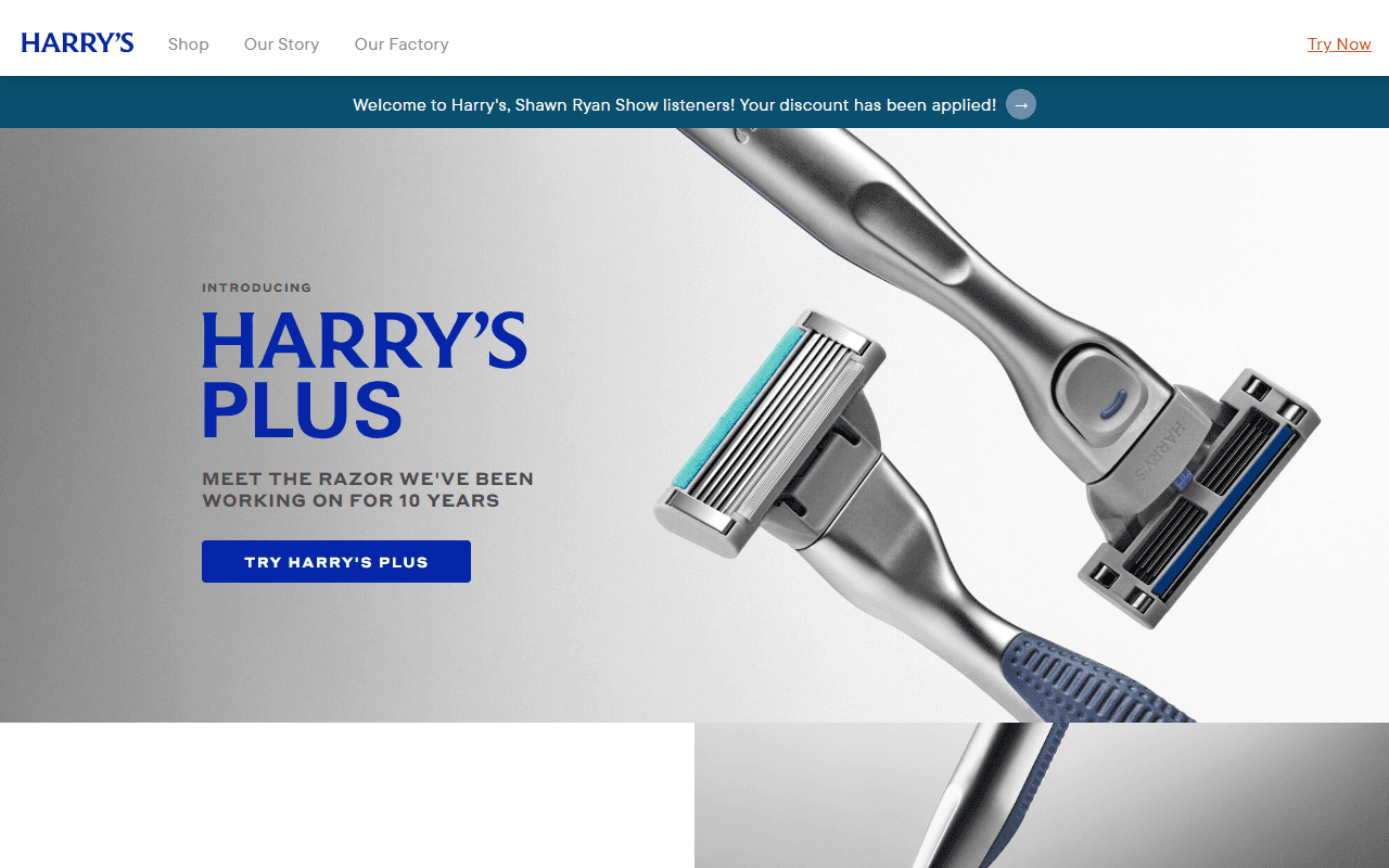 Harry's Plus sponsor landing page advertised on Shawn Ryan Show