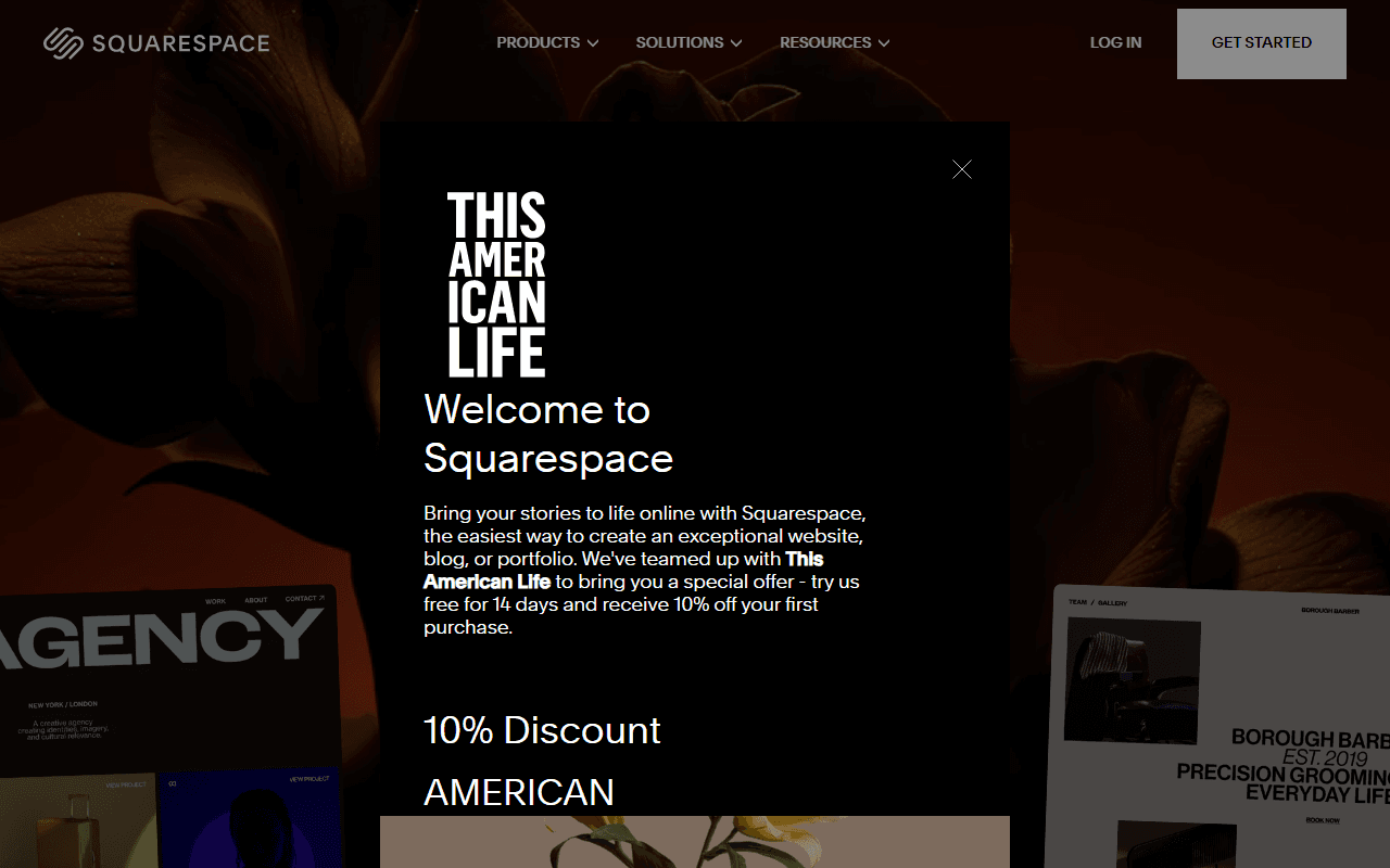 Squarespace sponsor landing page advertised on This American Life