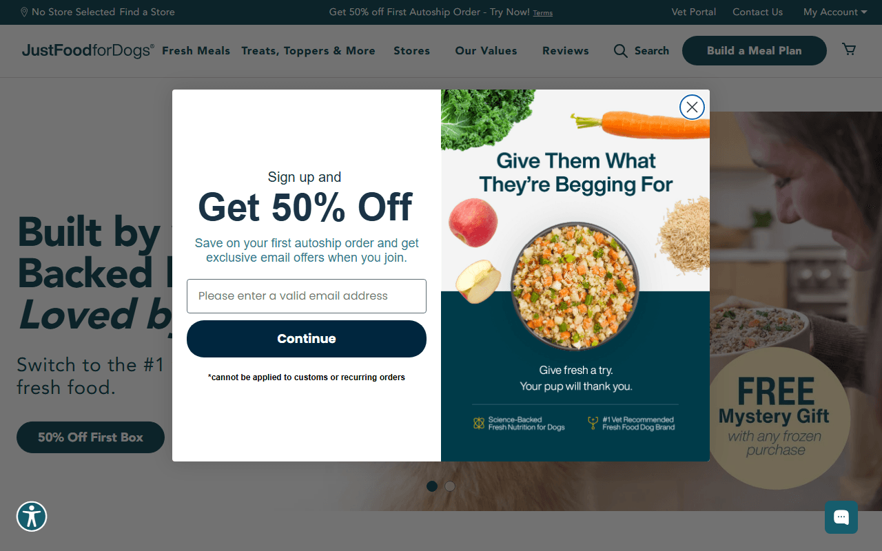 Just Food For Dogs sponsor landing page advertised on Morning Kombat