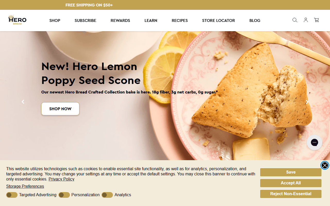 Hero Bread sponsor landing page advertised on Breaking Points with Krystal and Saagar