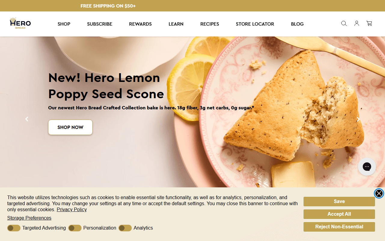 Hero Bread sponsor landing page advertised on Breaking Points with Krystal and Saagar