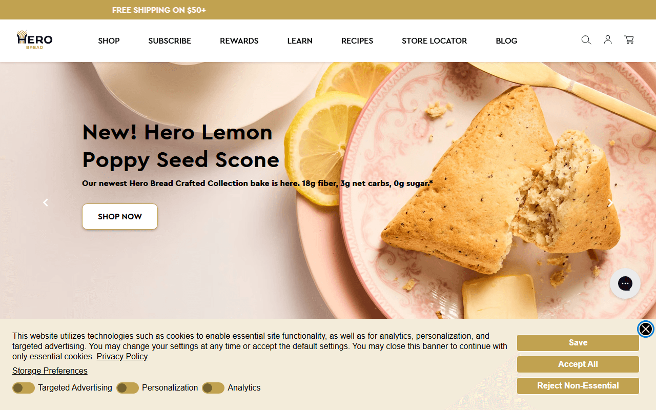Hero Bread sponsor landing page advertised on Breaking Points with Krystal and Saagar
