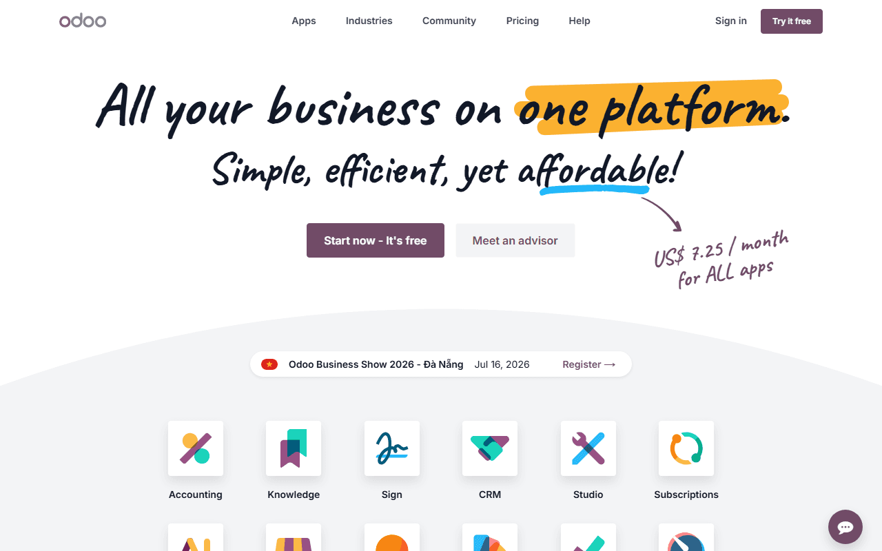 Odoo sponsor landing page advertised on Breaking Points with Krystal and Saagar