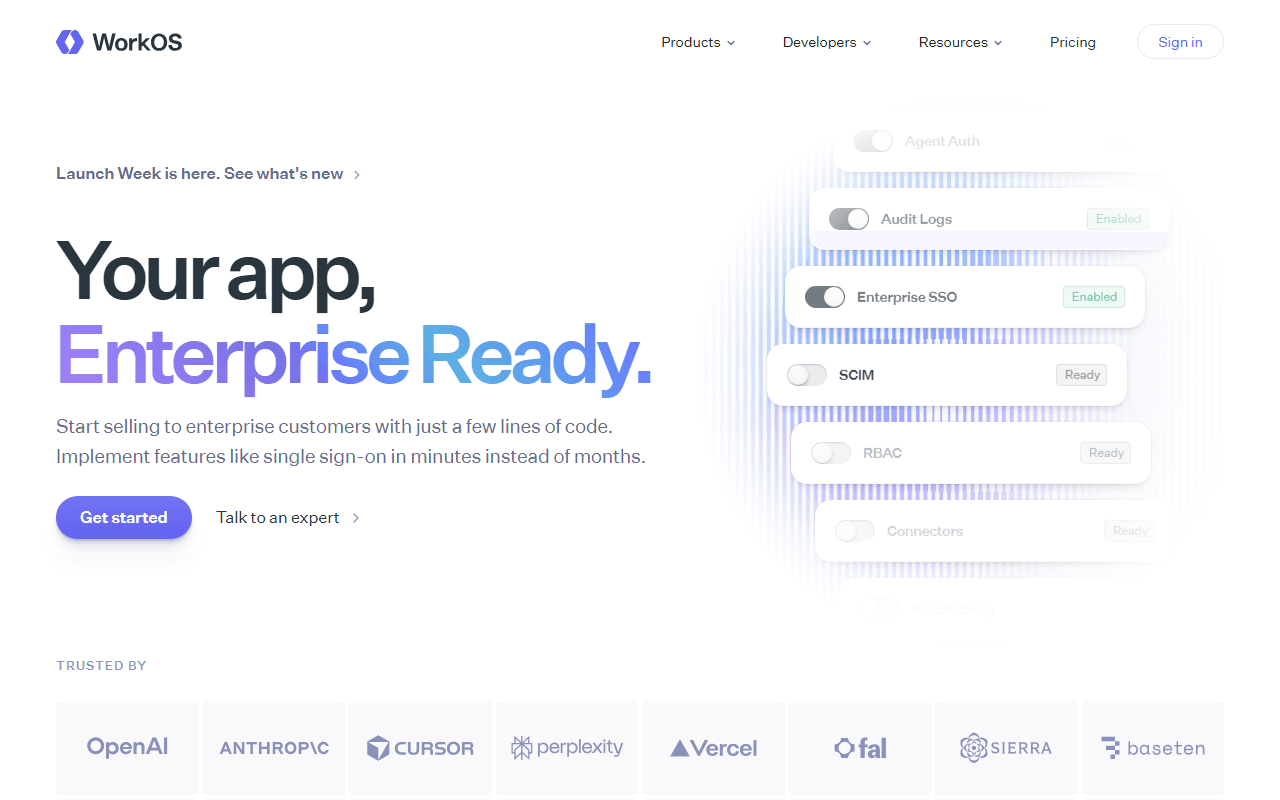 WorkOS sponsor landing page advertised on Invest Like the Best with Patrick O'Shaughnessy