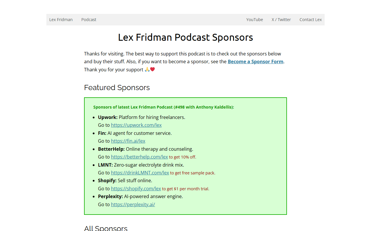 Upwork sponsor landing page advertised on Lex Fridman Podcast