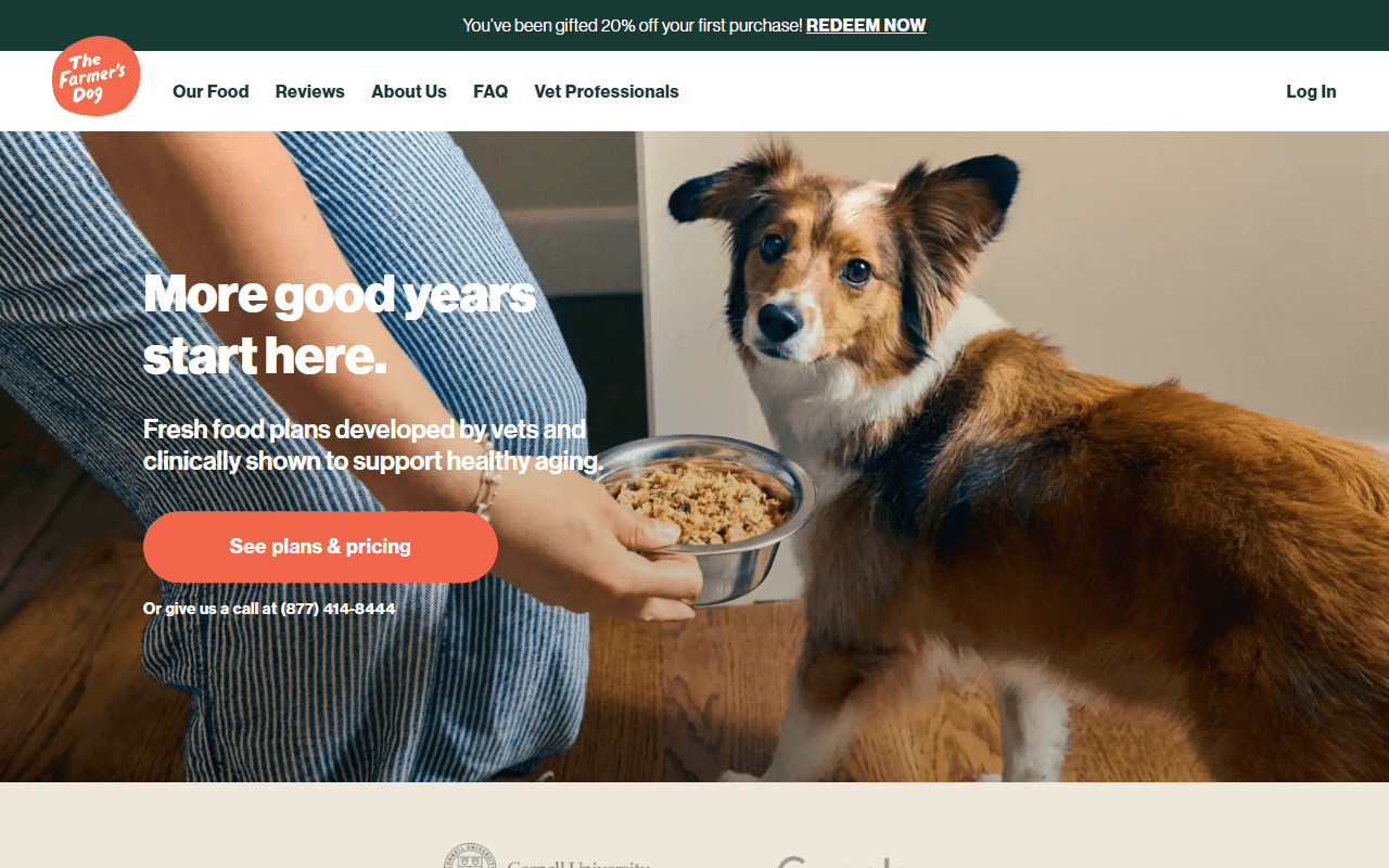The Farmer's Dog sponsor landing page advertised on The Joe Rogan Experience