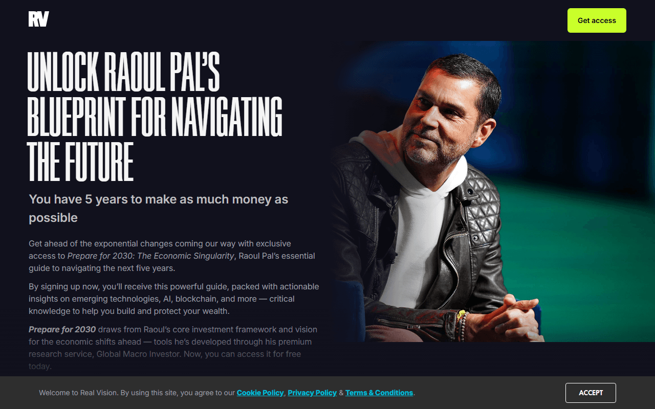 Real Vision sponsor landing page advertised on Raoul Pal: The Journey Man