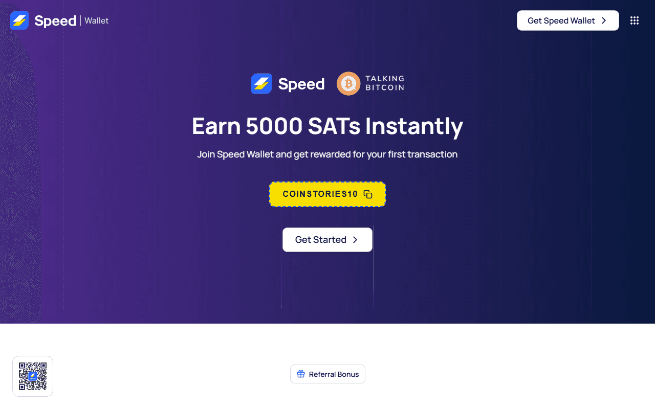 Speed Wallet sponsor landing page advertised on Coin Stories with Natalie Brunell