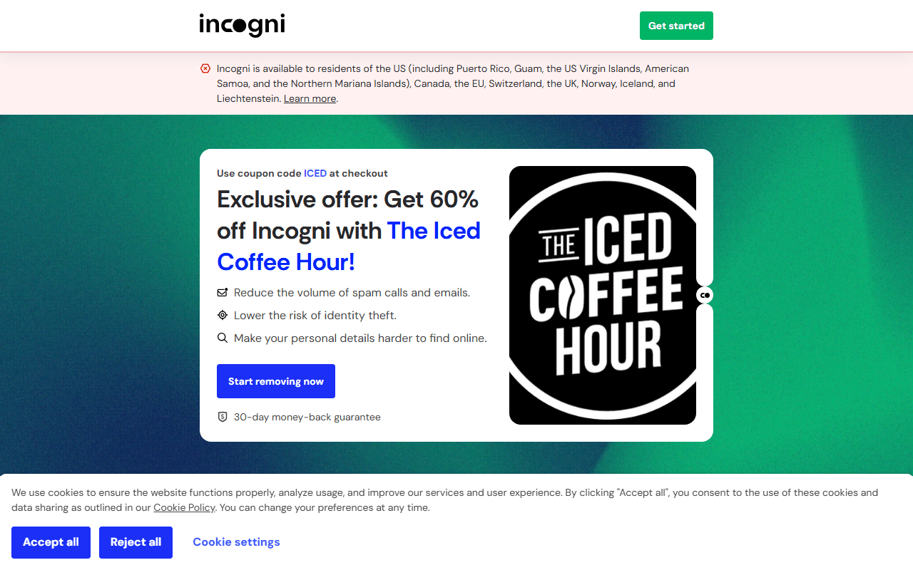 Incogni sponsor landing page advertised on The Iced Coffee Hour