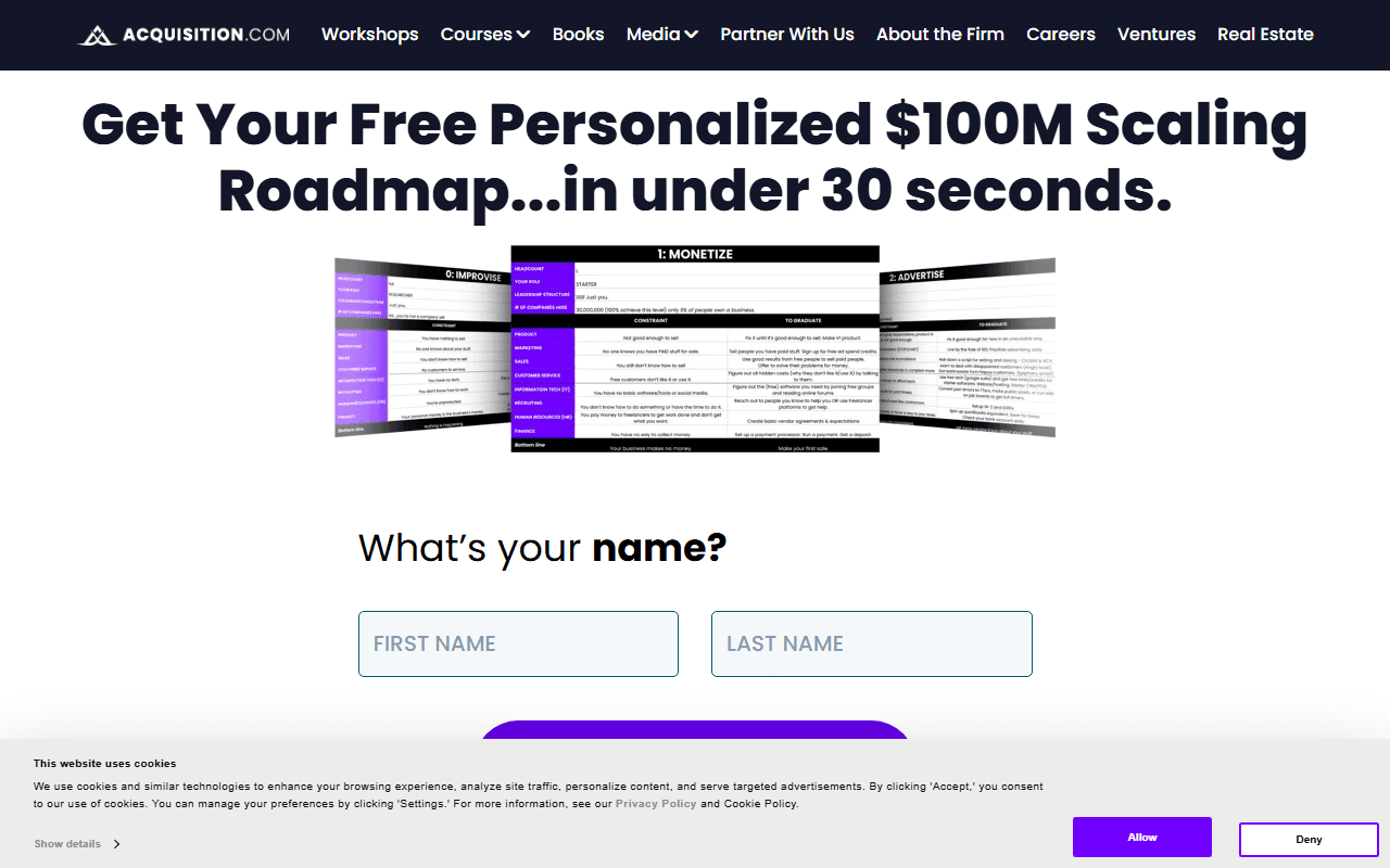 Acquisition.com sponsor landing page advertised on The Game w/ Alex Hormozi