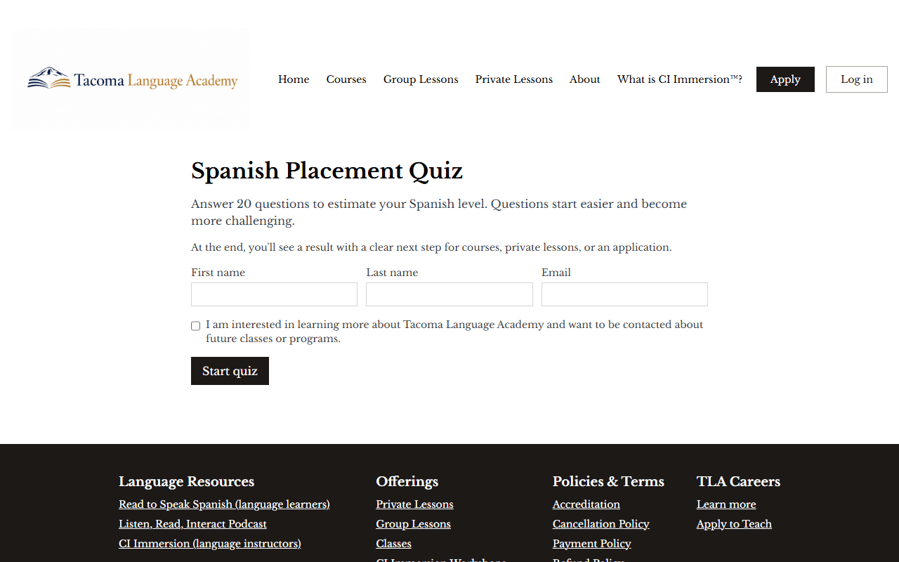 Tacoma Language Academy sponsor landing page advertised on No Agenda