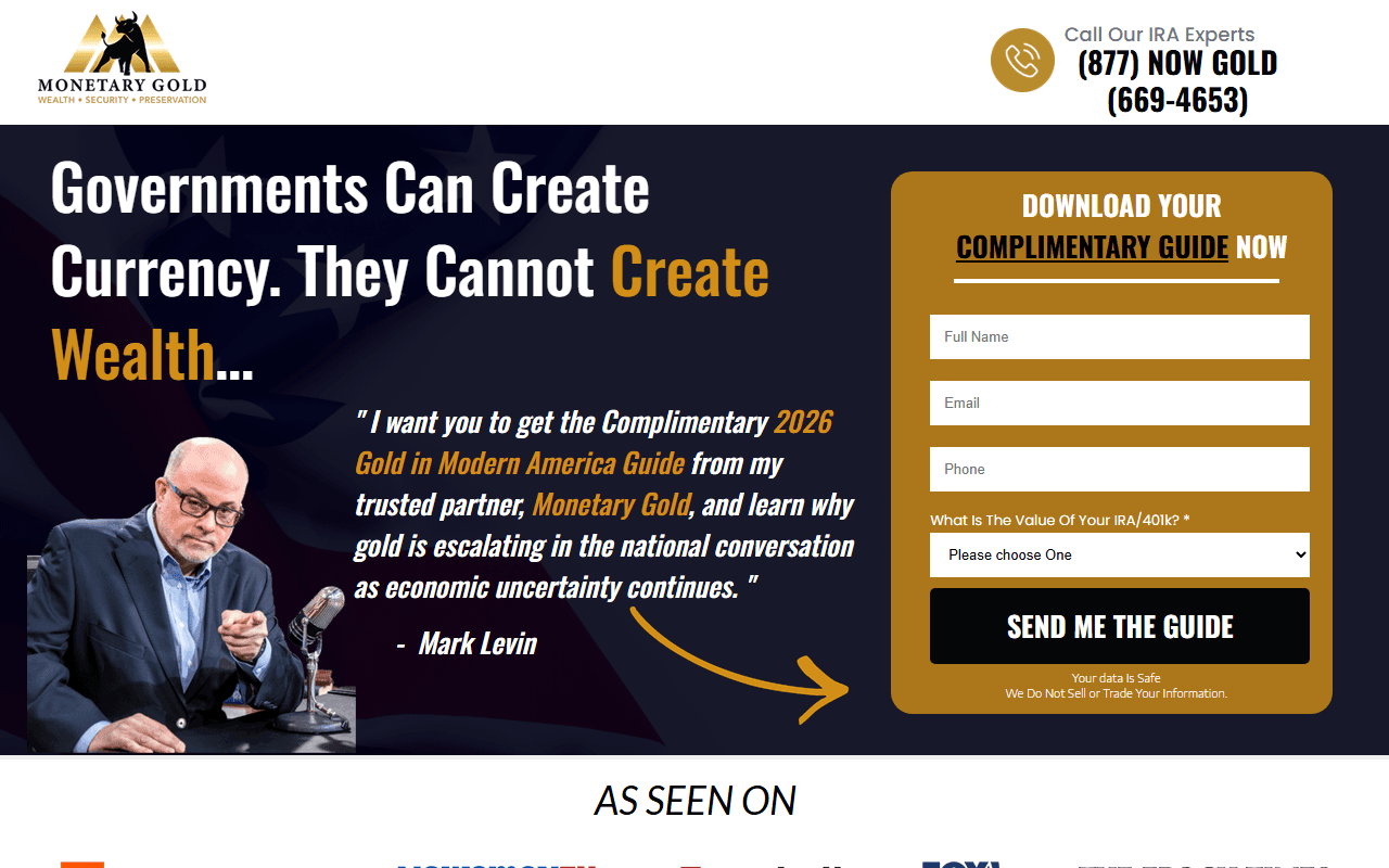 Monetary Gold sponsor landing page advertised on Mark Levin Podcast