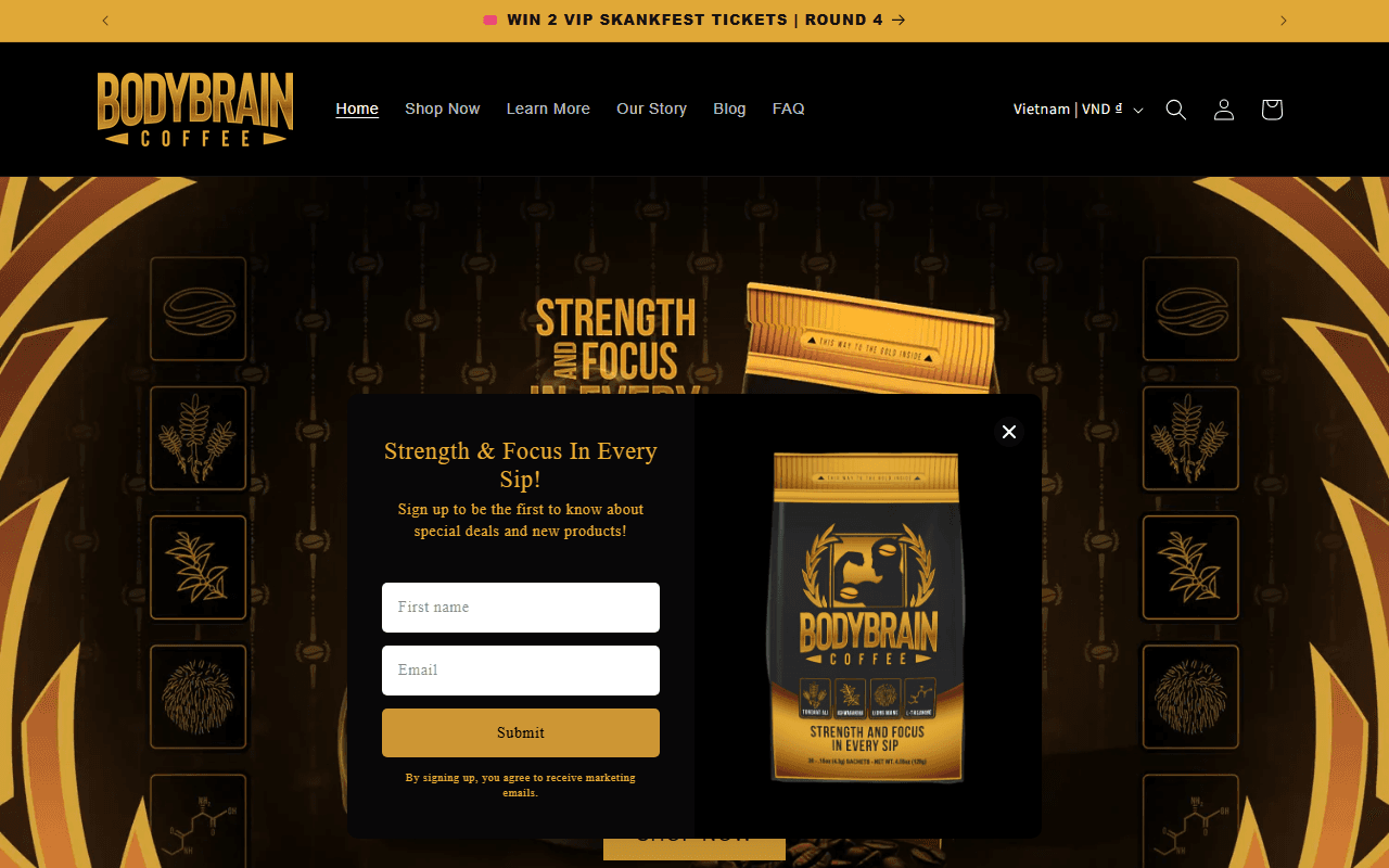 Body Brain Coffee sponsor landing page advertised on Story Warz