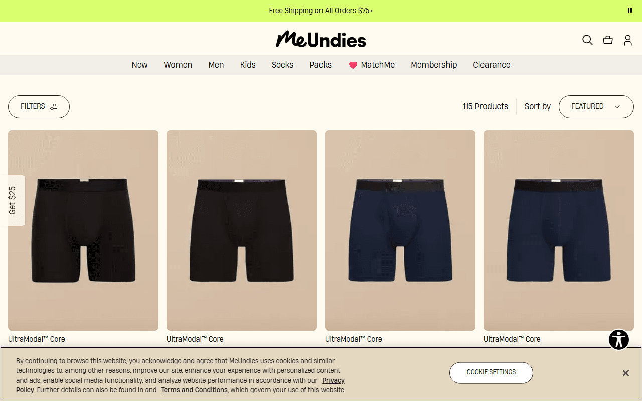MeUndies sponsor landing page advertised on Monday Morning Podcast