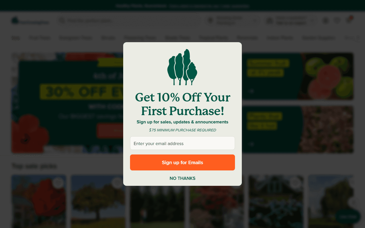 Fast Growing Trees sponsor landing page advertised on Monday Morning Podcast