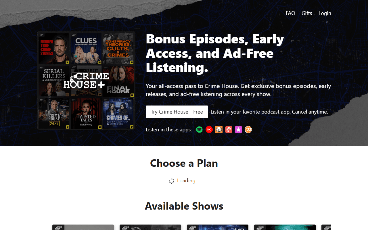 Crime House Plus sponsor landing page advertised on America's Most Infamous Crimes with Katie Ring