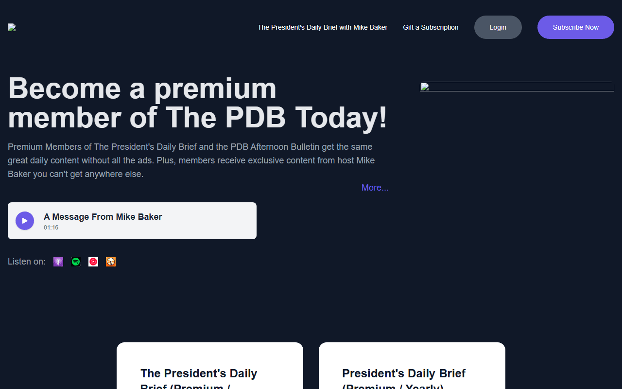 PDBPremium sponsor landing page advertised on The President's Daily Brief