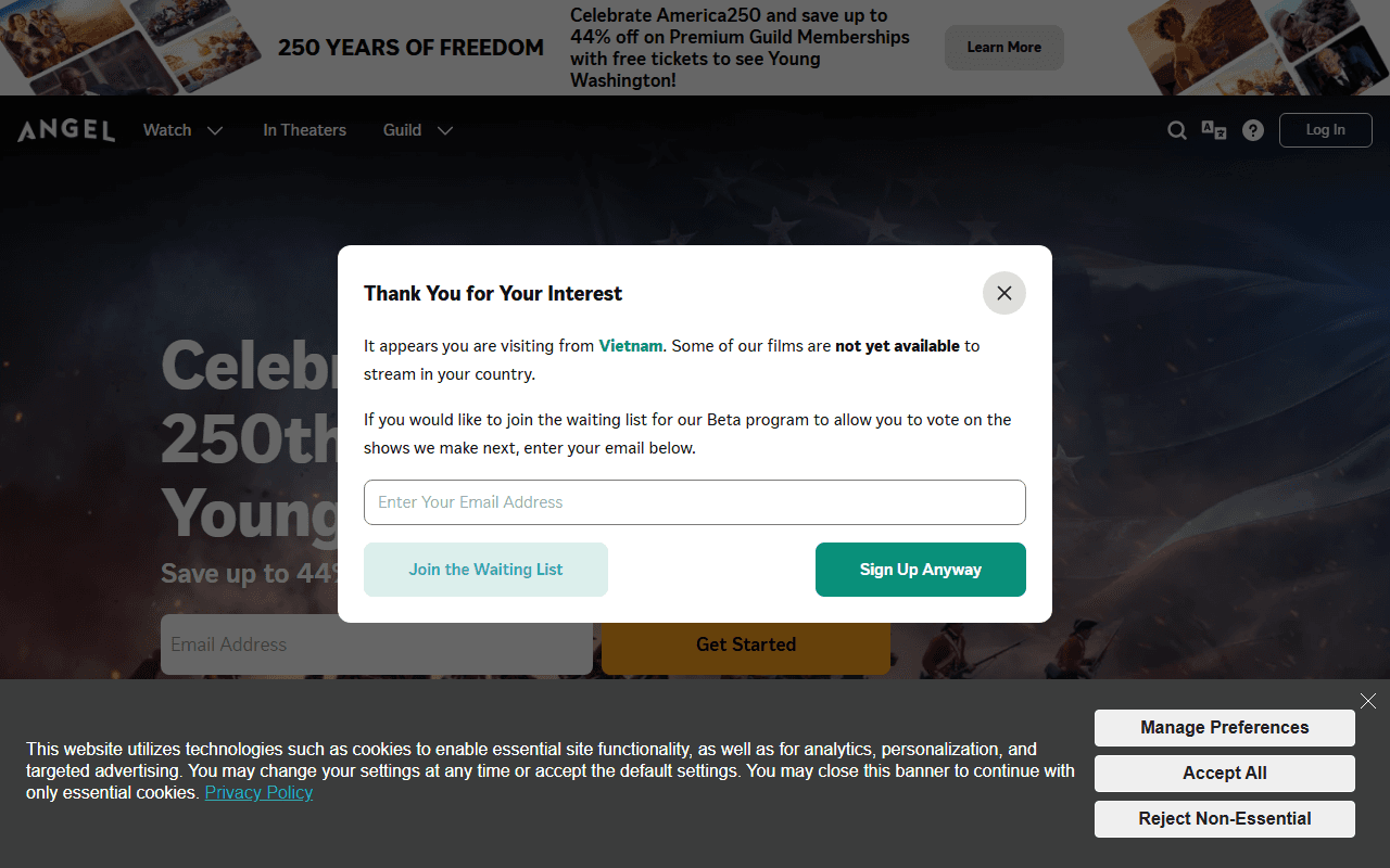 Angel Studios sponsor landing page advertised on The Rubin Report