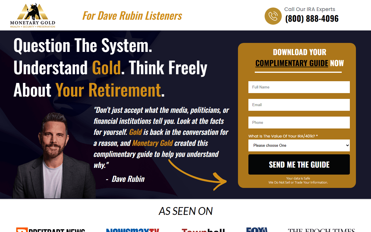 Monetary Gold sponsor landing page advertised on The Rubin Report