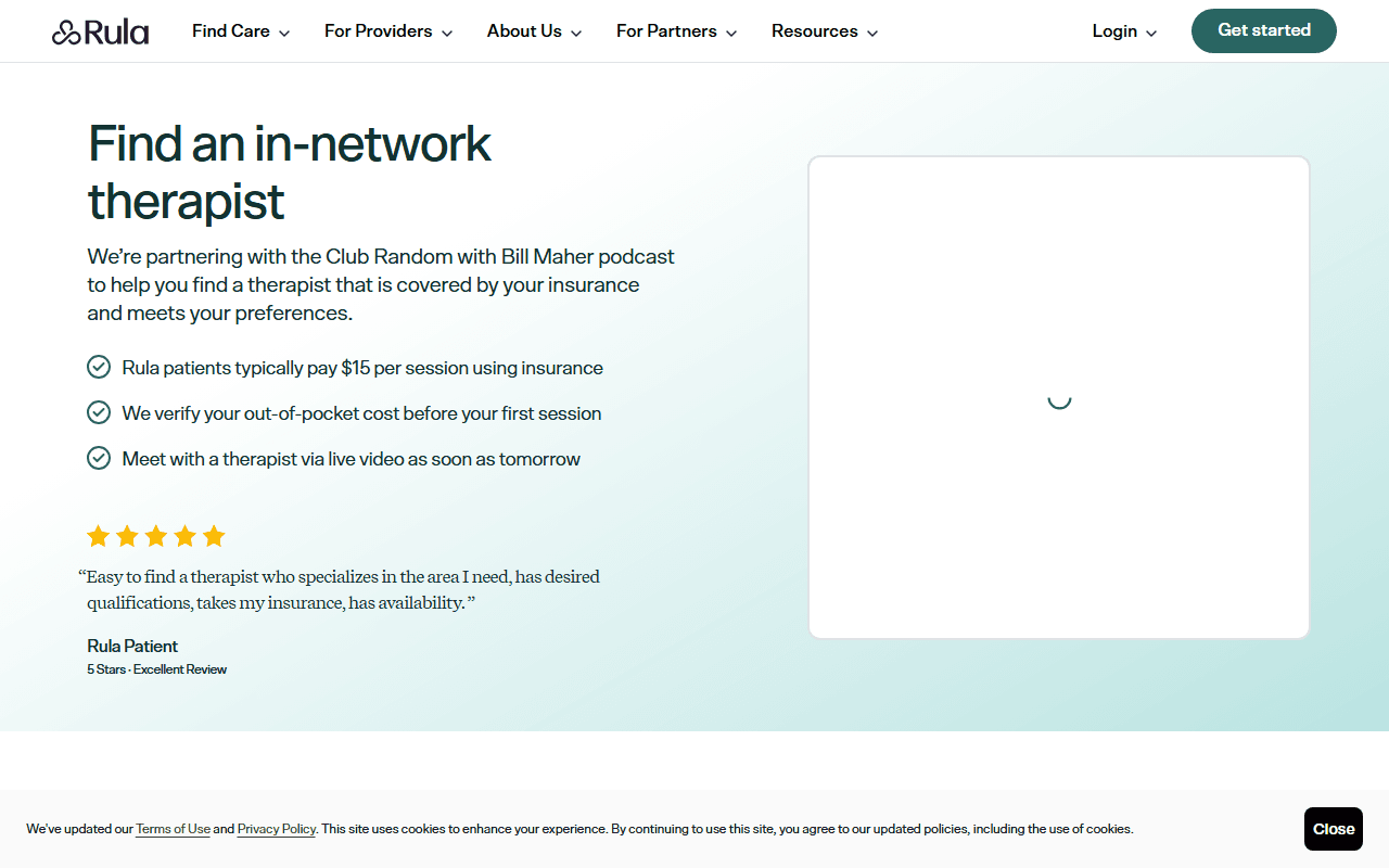 Rula sponsor landing page advertised on Club Random with Bill Maher