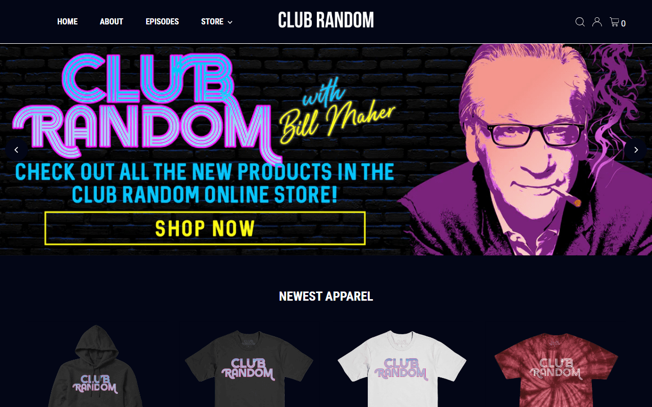 Club Random sponsor landing page advertised on Club Random with Bill Maher